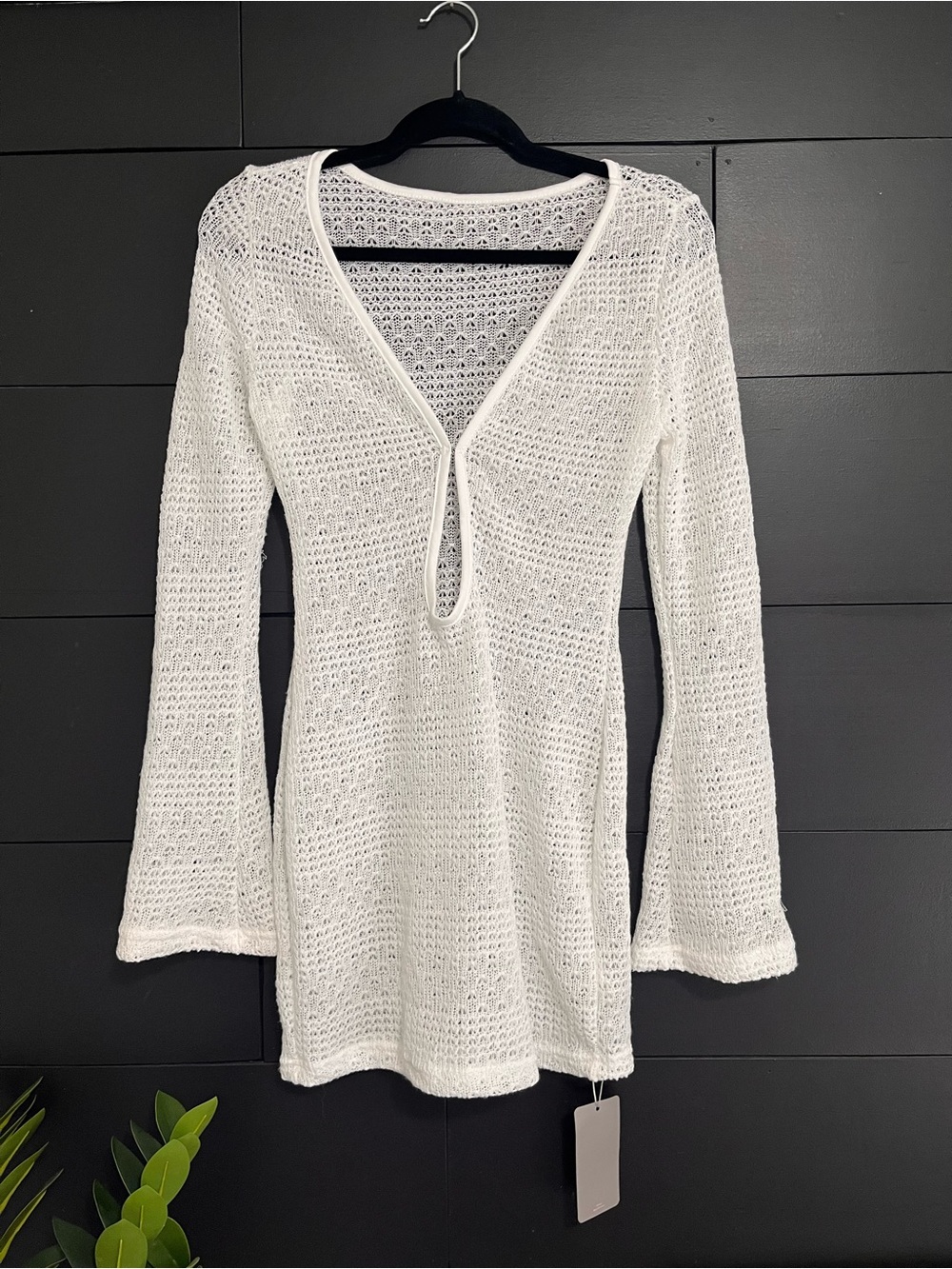 MISSGUIDED Crochet Knit Plunge Neck Flare Sleeve Cover Up Mini Dress XS NWT